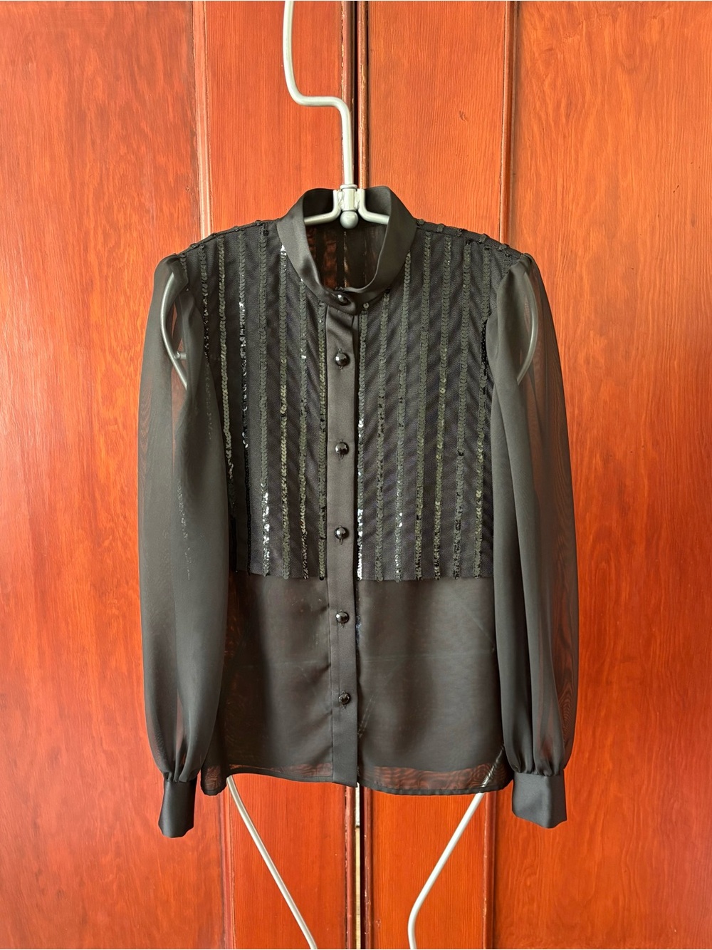 Black Organza Satin Sequin Stripe Sheer Tuxedo Shirt